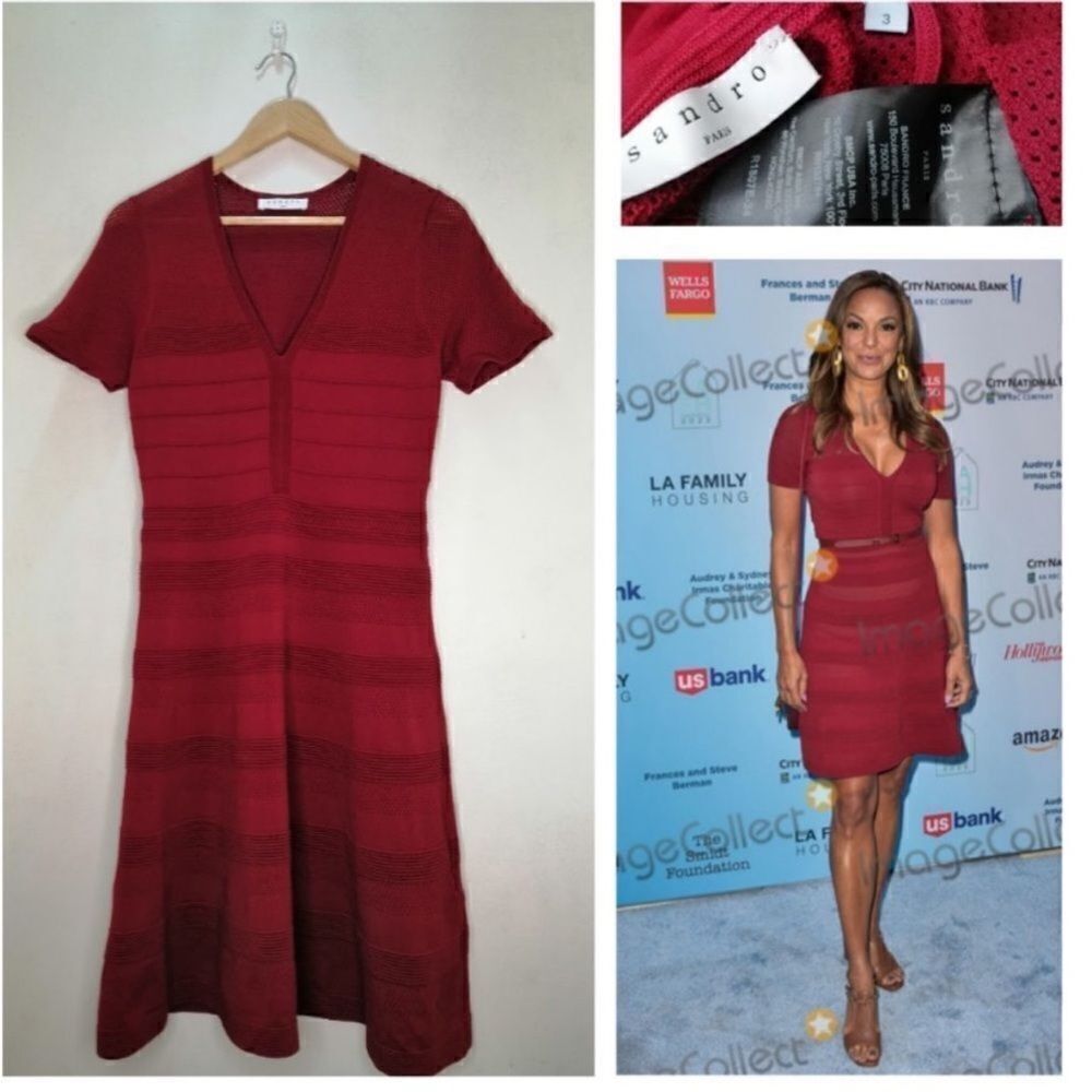Sandro Red Milau Pointelle Ribbed Dress, S - Picture 2 of 15